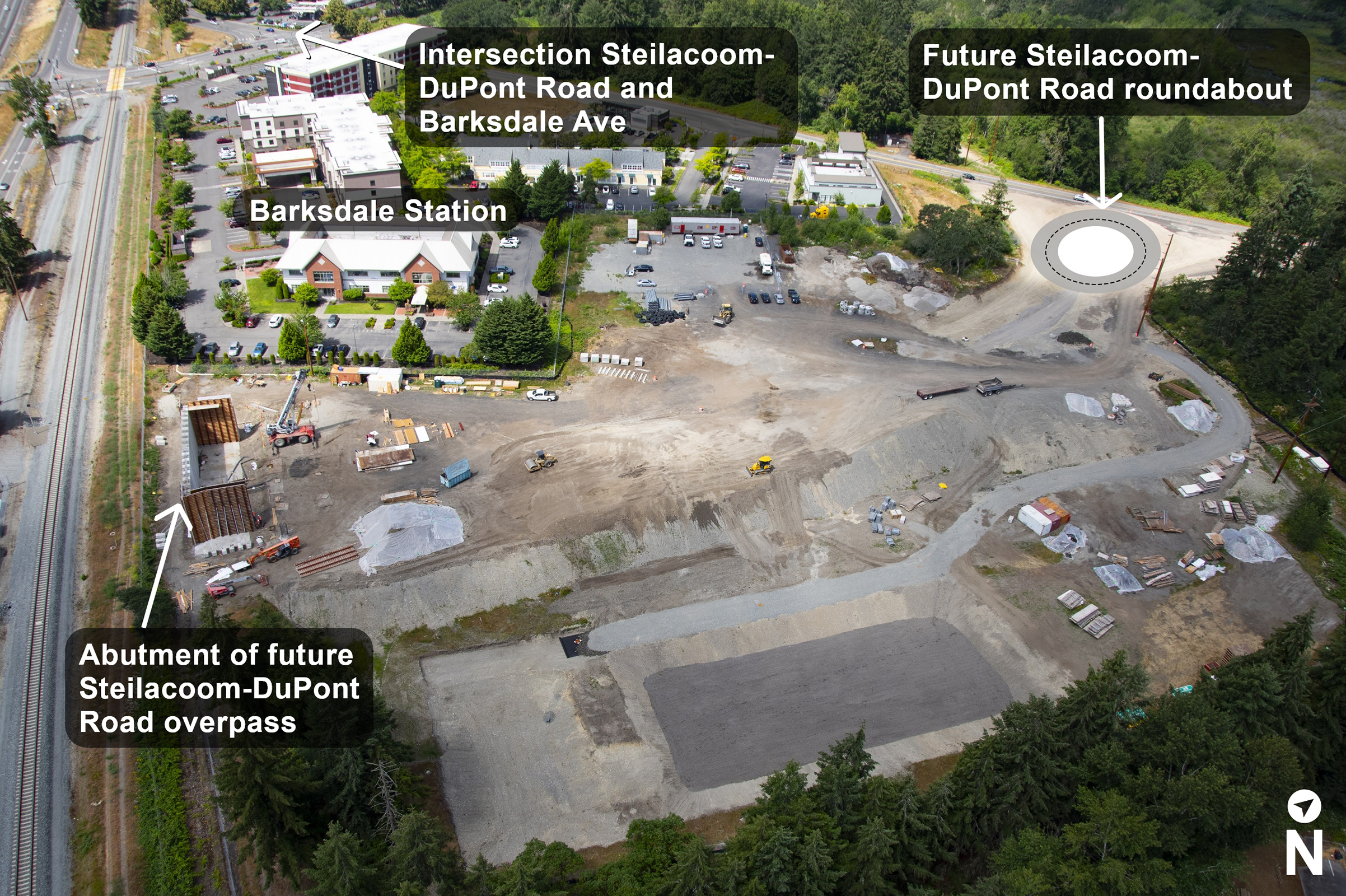 Progress as of July 2024 at the site of the future Steilacoom DuPont-Road roundabout