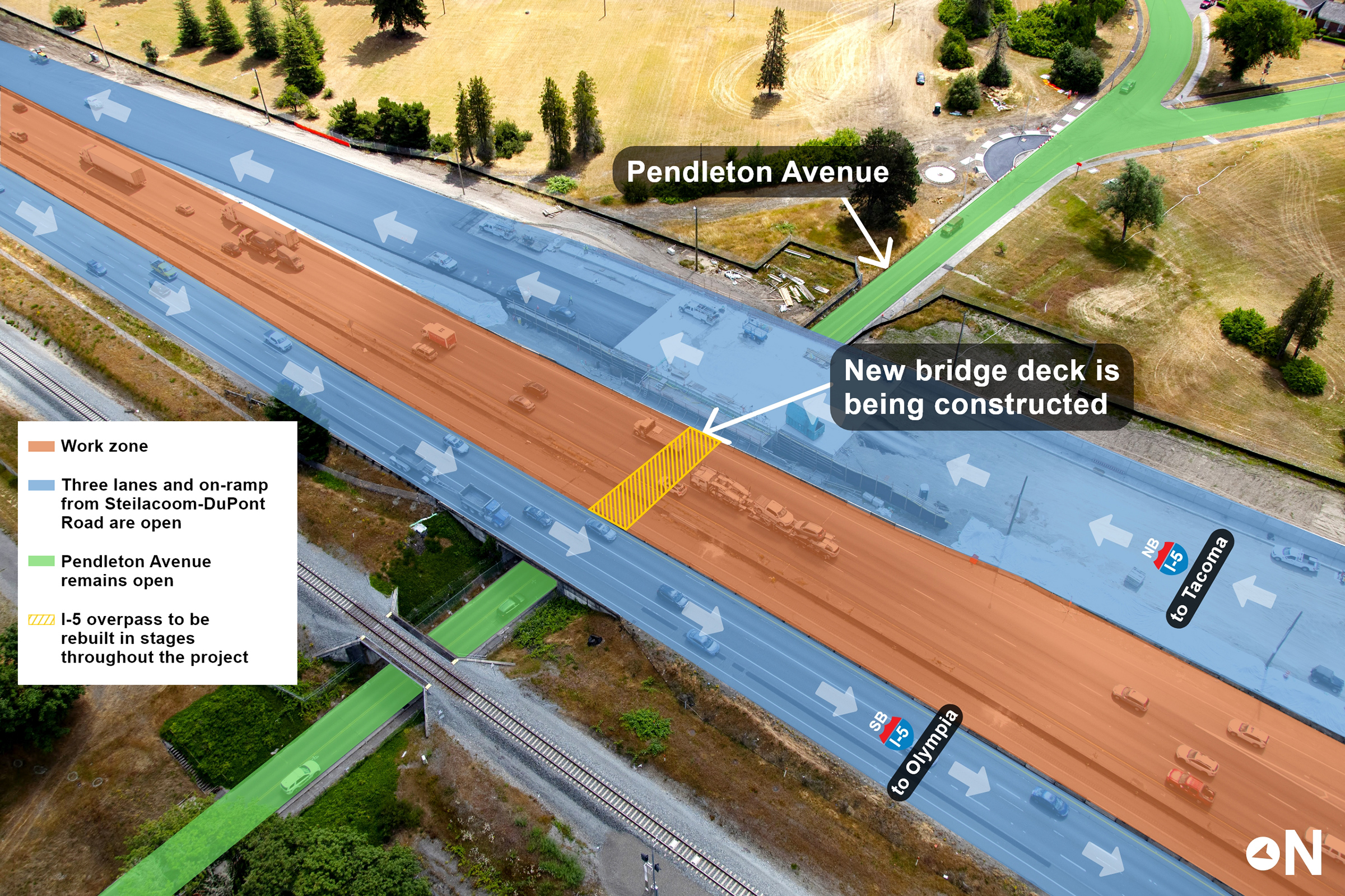 Three lanes of northbound I-5 approaching Pendleton Avenue will be open and shifted right toward JBLM. The new on-ramp from Steilacoom-DuPont Road will be open. By the end of the project, the entire I-5 overpass at Pendleton Avenue will be rebuilt to provide additional clearance for vehicles traveling on Pendleton Avenue.