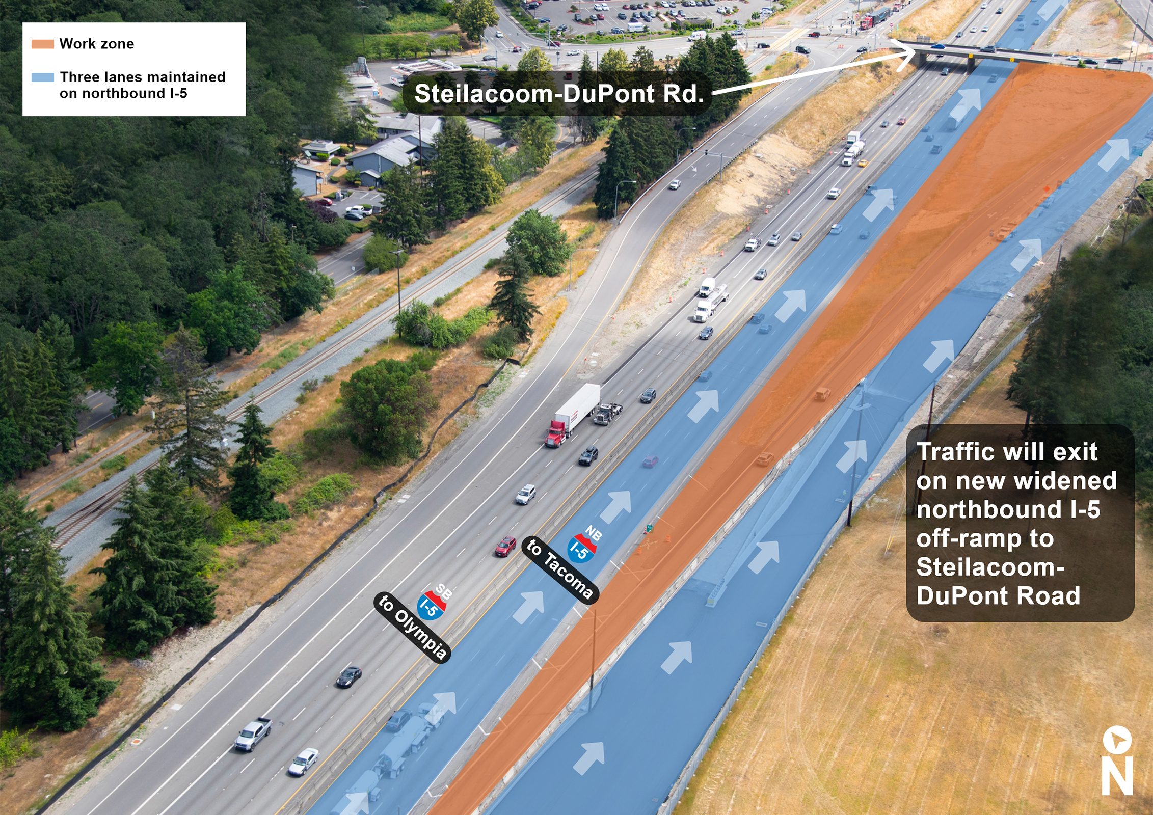 Aerial photo showing how three lanes of northbound I-5 will be maintained at Steilacoom-DuPont Road. The off-ramp will be shifted to the right.