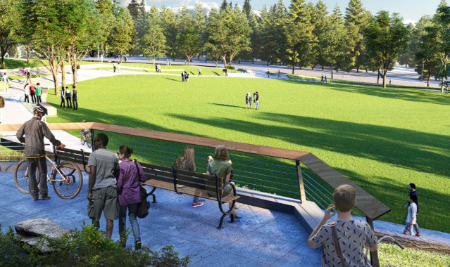 Conceptual rendering of the new Roanoke lid, looking north from the end of Federal Avenue East. The rendering shows the new landscaped area that will be built, which will provide areas for people to linger and relax.