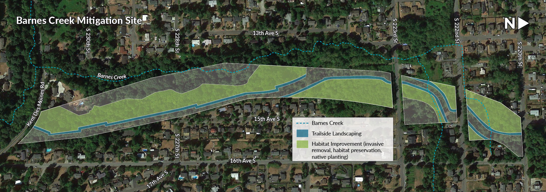 A map showing the conceptual rendering of the Barnes Creek Wetland Mitigation restoration project. The boundaries of the project extend from Kent Des Moines Rd to South 220th Street. There are 4 different types of restorations marked by varying shades of green. 