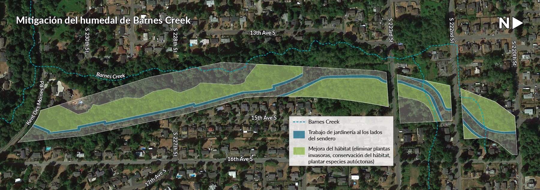 Un mapa que muestra la representación conceptual del proyecto de restauración de mitigación de humedales de Barnes Creek. Los límites del proyecto se extienden desde Kent Des Moines Rd hasta South 220th Street. Hay 4 tipos diferentes de restauraciones marcadas por distintos tonos de verde.