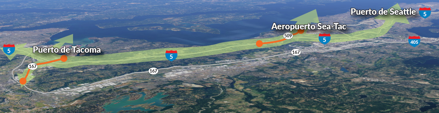 Este mapa muestra las partes de SR 167 y SR 509 que se completarán bajo el programa Puget Sound Gateway.