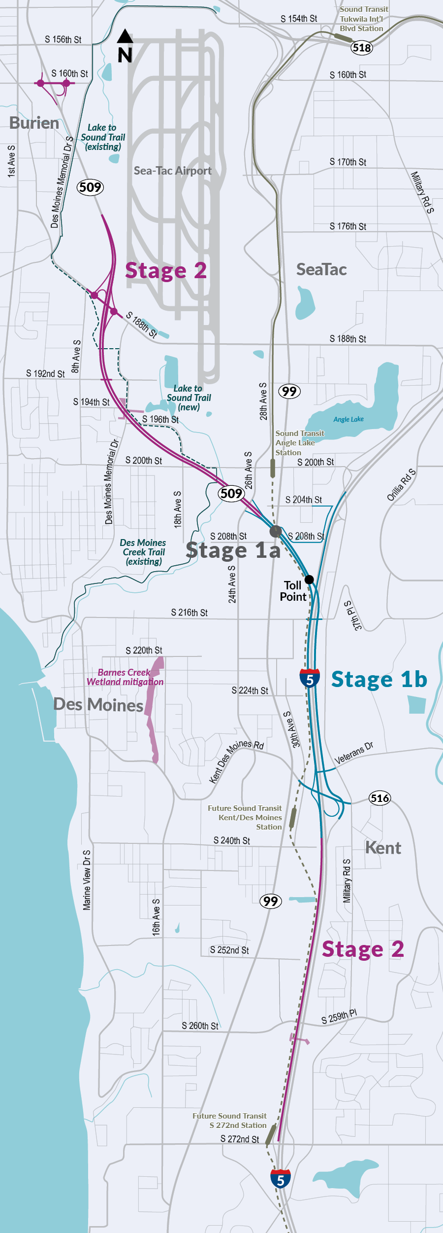 A map showing the SR 509 Completion Project area. The SR 509 Completion project extends from South 160th Street in Burien to South 272nd Street in Kent. Stage 1b of the project extends from 24th Avenue South in SeaTac to SR 516 in Des Moines. Stage 2 of the project sandwiches Stage 1b, extending north from 24th Avenue South to South 160th Street and extending South from SR 516 to South 272nd Street. This map also highlights a wetland mitigation site east of the project corridor at Barnes Creek in Des Moines. 