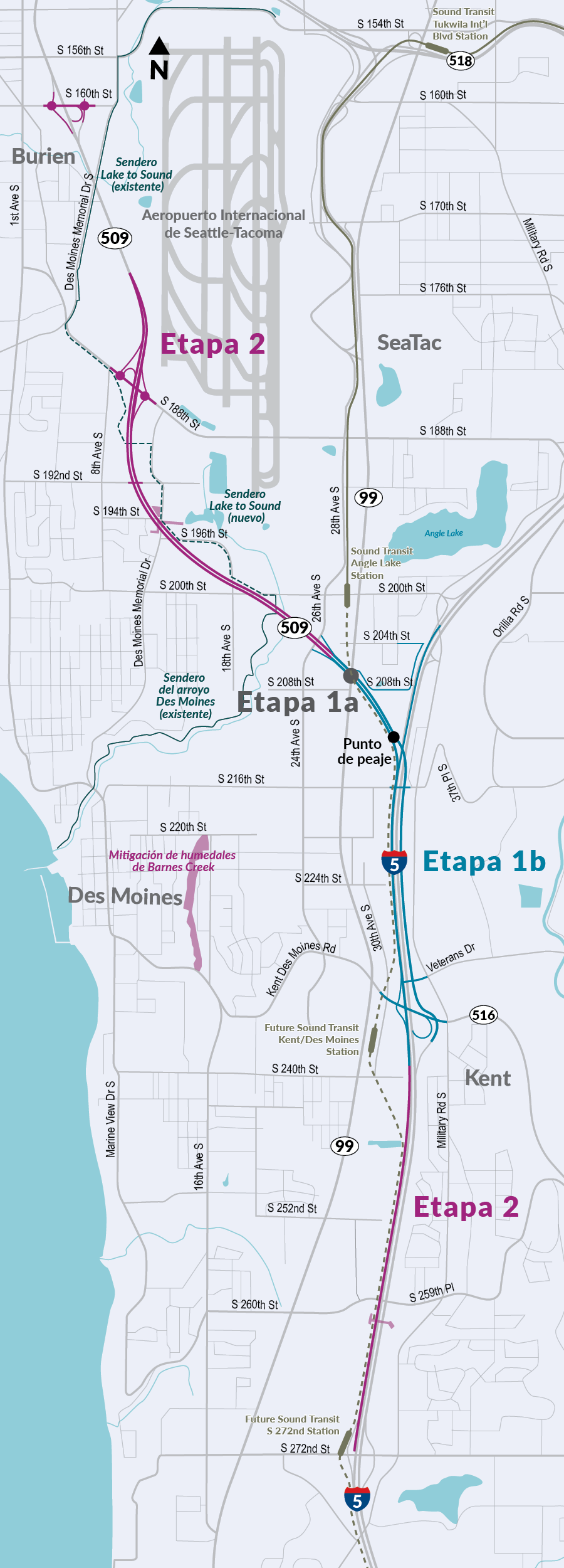 Un mapa que muestra el área del proyecto de finalización de la SR 509. El proyecto de finalización de la SR 509 se extiende desde South 160th Street en Burien hasta South 272nd Street en Kent. La etapa 1b del proyecto se extiende desde 24th Avenue South en SeaTac hasta SR 516 en Des Moines. La Etapa 2 del proyecto intercala la Etapa 1b, extendiéndose hacia el norte desde 24th Avenue South hasta South 160th Street y extendiéndose hacia el sur desde SR 516 hasta South 272nd Street. Este mapa también destaca un sitio de mitigación de humedales al este del corredor del proyecto en Barnes Creek en Des Moines.