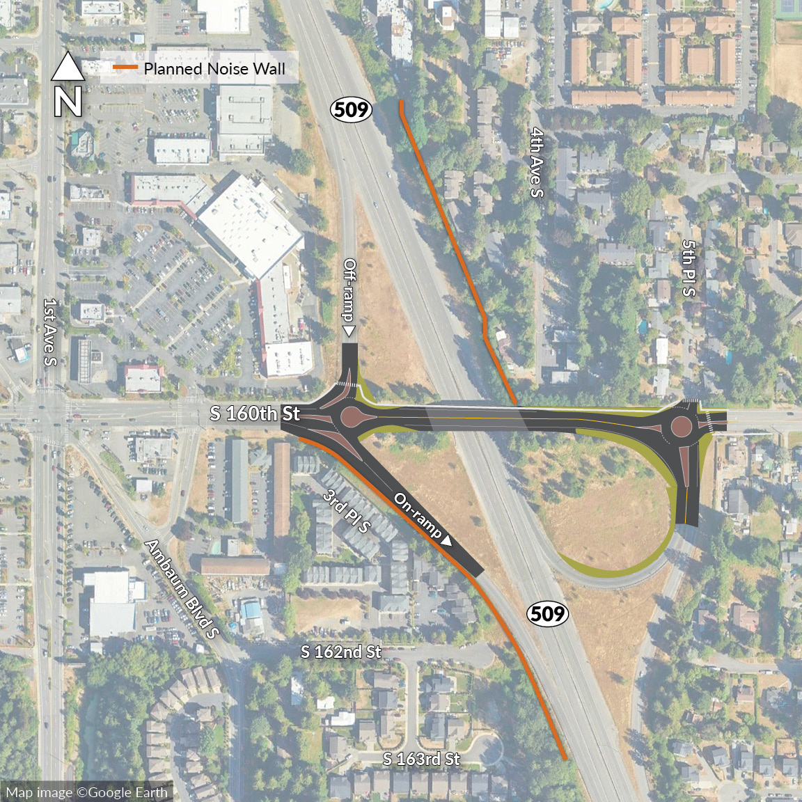 Aerial view of a roundabout at the intersection of S 160th Street and SR 509. Two planned noise walls are marked in orange along SR 509. 