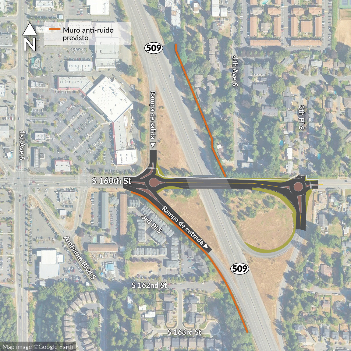 Vista aérea de una rotonda en la intersección de S 160th Street y SR 509. Dos muros antirruido planificados están marcados en naranja a lo largo de SR 509.