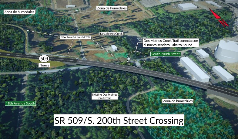 Representación del cruce de la SR 509/South 200th Street