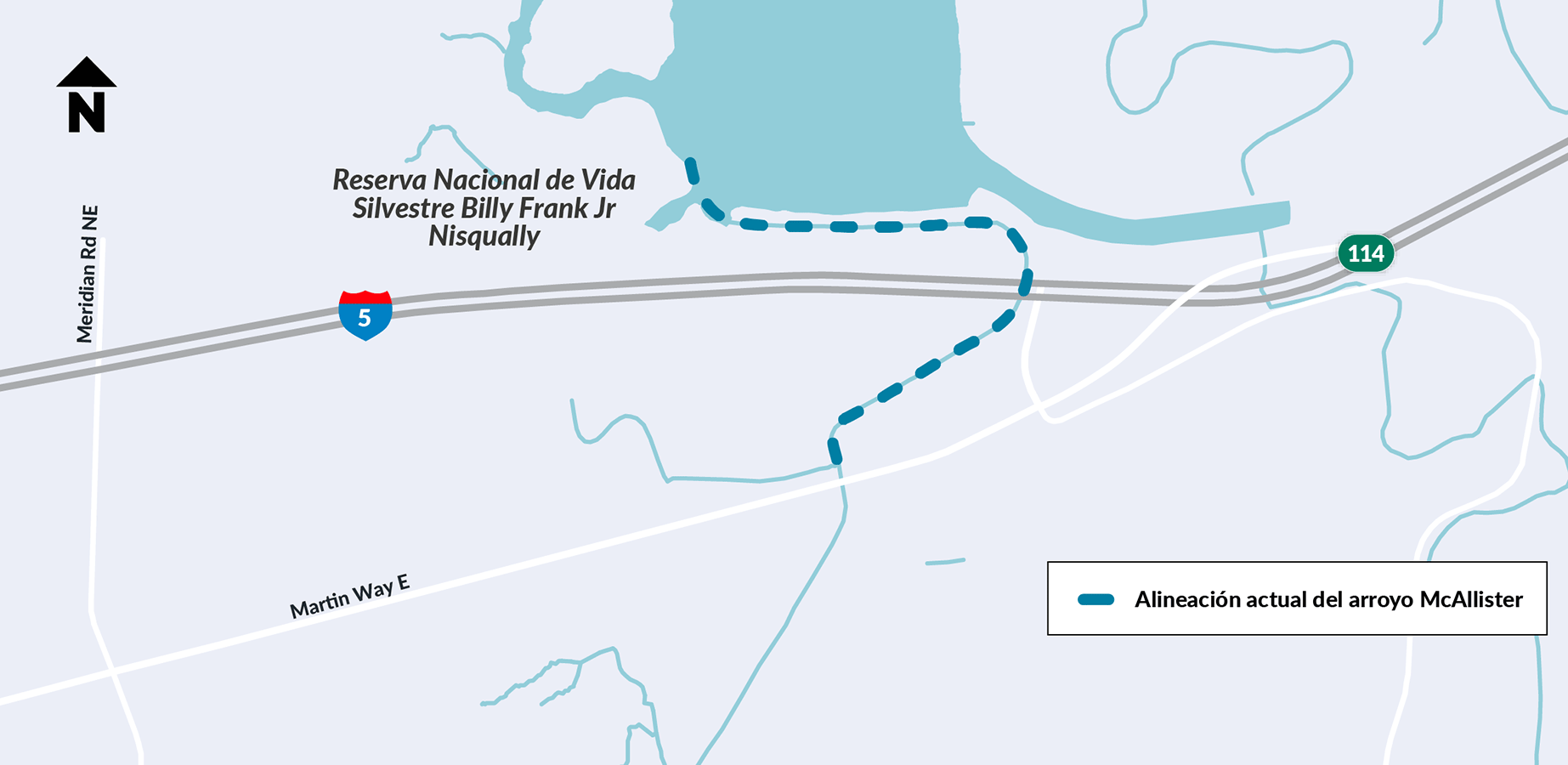 Un mapa muestra la alineación actual del arroyo McAllister. El arroyo fluye hacia el sur desde el refugio de vida silvestre y por debajo de la I-5. La alineación tiene una curva muy marcada hacia el este.