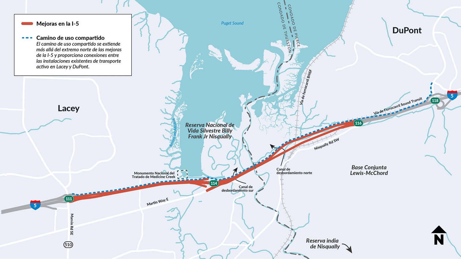 El proyecto propuesto incluye un camino de uso compartido a lo largo del lado norte de la I-5. El camino proporcionará acceso a las personas que se desplazan a pie, en bicicleta o sobre dispositivos con ruedas entre Lacey y DuPont.
El camino tendrá acceso a tres enlaces de tráfico o estará cerca de ellos: la salida 116, la salida 114 y la salida 111.