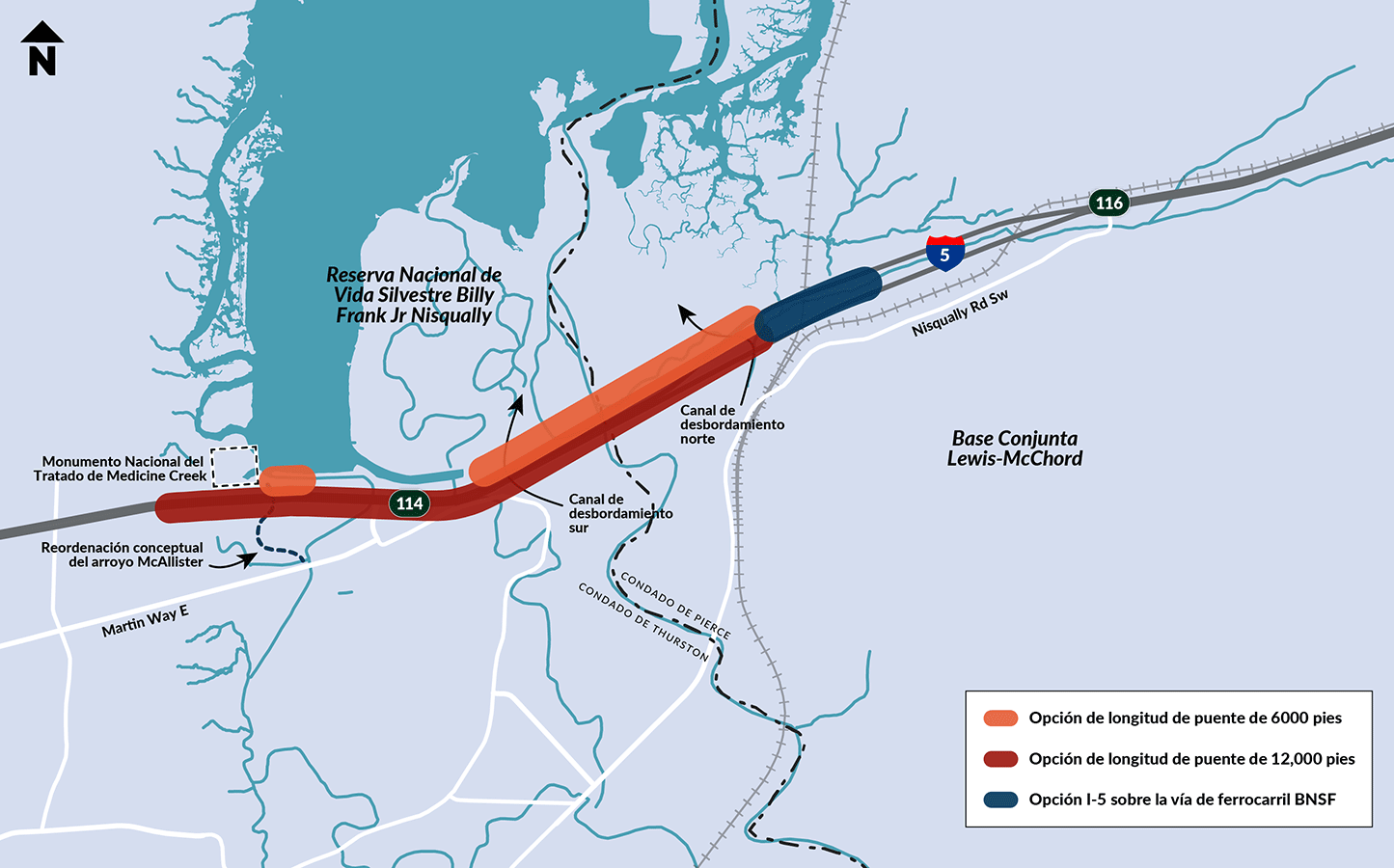 Un mapa que muestra las opciones de longitud de puente para el proyecto propuesto. Se ilustran dos opciones: la de 12,000 pies y la de 6,000 pies. El mapa destaca el cruce con BNSF, Billy Frank Jr. Refugio Nacional de Vida Silvestre de Nisqually y Base Conjunta Lewis-McChord.