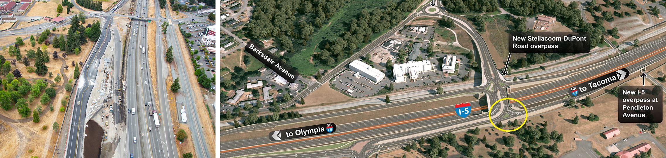 On left, new overpass is part of the I-5 construction at JBLM and DuPont. New ramp includes a chicane to slow travelers down before merging. On right, design visualization showing how the chicane fits into the overall plan.