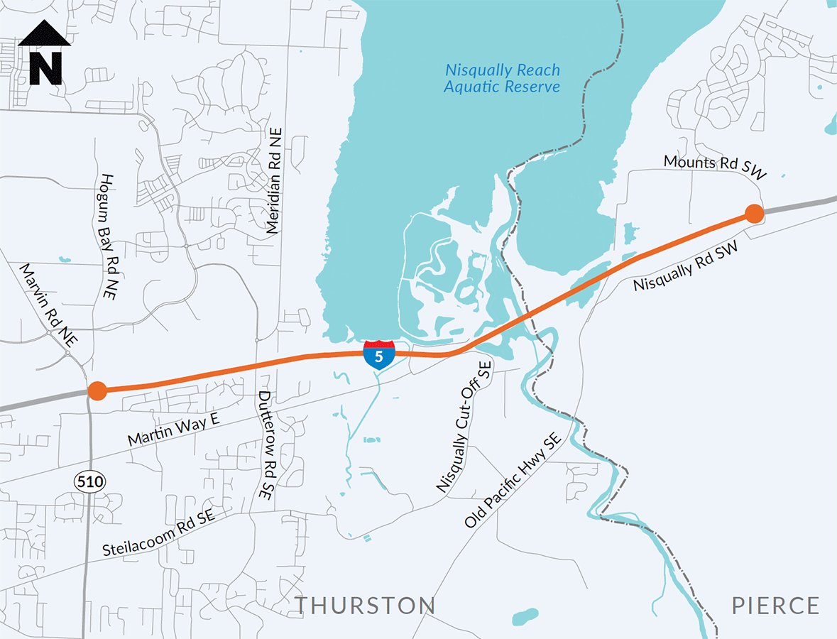 The project focuses on the section of I-5 between the Marvin Road interchange (Exit 111) and the Mounts Road interchange (Exit 116). This part of I-5 spans the Nisqually Delta and covers Thurston and Pierce counties.