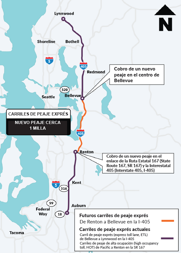 Un mapa del área general de Puget Sound, con la I-405 y parte de la SR 167 resaltadas. Entre Renton y Auburn en la SR 167, y entre Lynnwood y Bellevue en la I-405, la carretera es de color violeta, lo que indica que los carriles de peaje exprés ya están funcionando en esas áreas. En la I-405 entre Bellevue y Renton, la carretera está resaltada en naranja, lo que indica que será un futuro carril de peaje exprés.