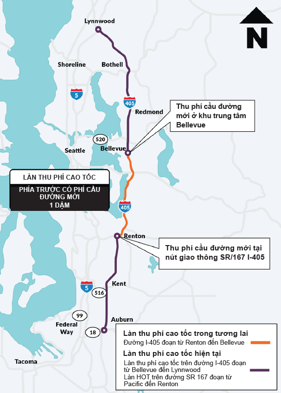 Bản đồ bao quát khu vực Puget Sound, trong đó đường I-405 và một phần đường SR 167 được làm nổi bật. Giữa Renton và Auburn trên đường SR 167, và giữa Lynnwood và Bellevue trên đường I-405, con đường có màu tím cho thấy các làn thu phí cao tốc đã đi vào hoạt động ở những khu vực này. Trên đường I-405 giữa Bellevue và Renton, con đường được tô màu cam, đánh dấu đây là làn thu phí cao tốc trong tương lai. 