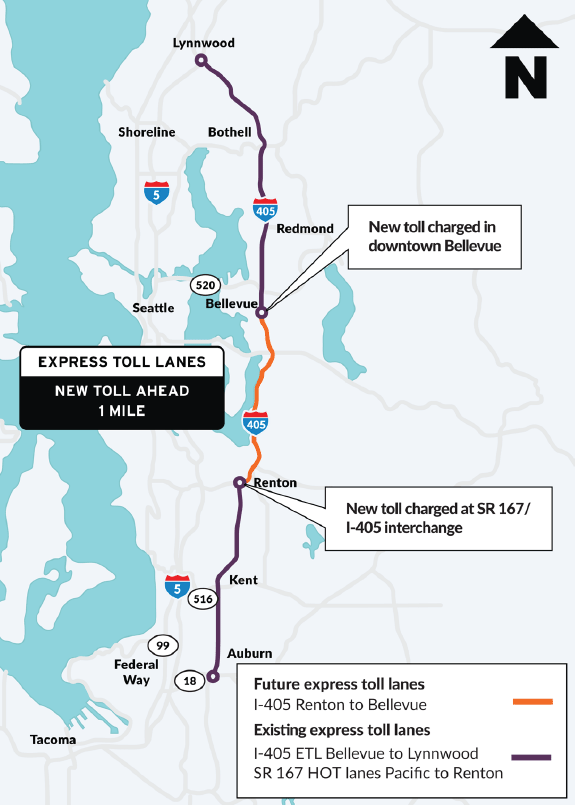 A map of the general Puget Sound area, with I-405 and part of SR 167 highlighted. Between Renton and Auburn on SR 167, and between Lynnwood and Bellevue on I-405, the road is purple showing the express toll lanes are already operating in those areas. On I-405 between Bellevue and Renton the road is highlighted in orange, marking it as a future express toll lane. 
The map also has text boxes calling out that a new toll will be charged in downtown Bellevue where the future express toll lanes meet the existing ones. And another new toll will be charged in Renton where the existing SR 167 HOT lanes connect with the future express toll lanes on I-405. 
The image also gives an example the new sign drivers will see, calling out that there is a new toll ahead in one mile. 