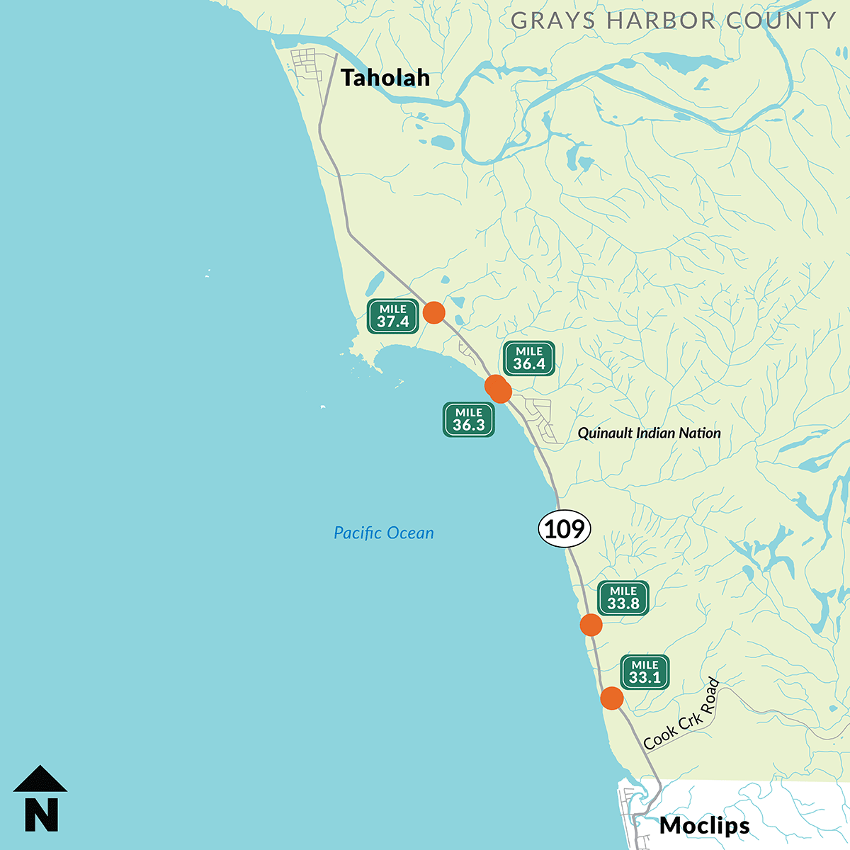 Map of the Quinault Indian Nation with five locations on State Route 109 including mileposts 37.4, 36.4, 36.3, 33.8 and 33.1. North arrow points up.