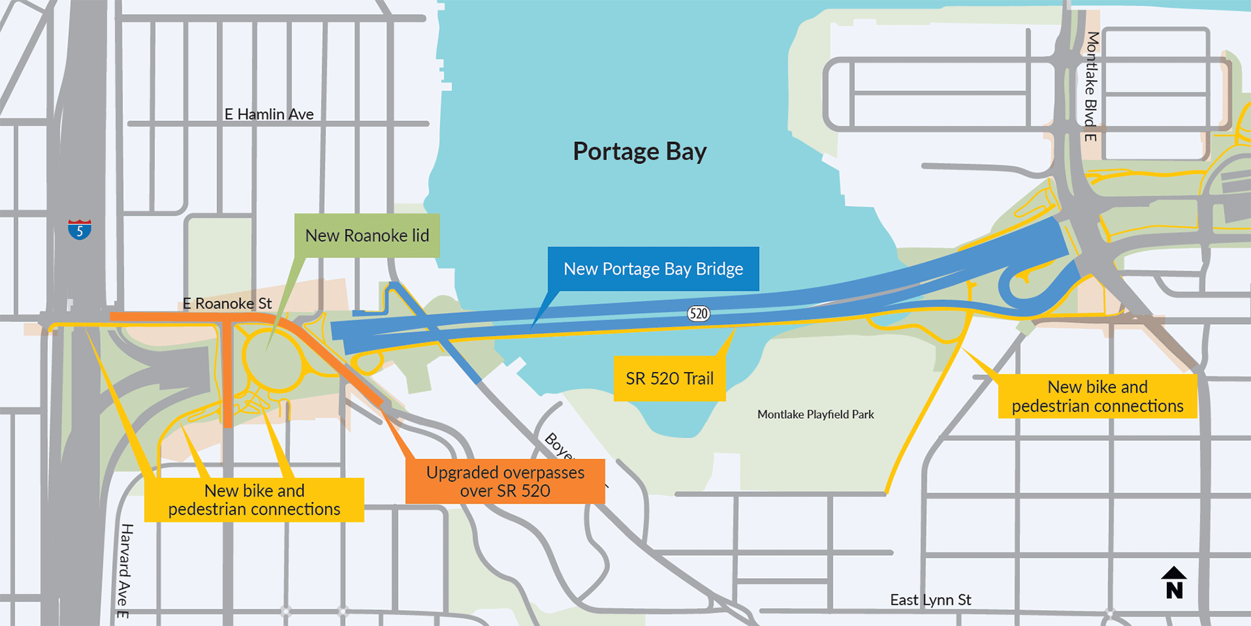 An aerial map shows where the project improvements are located. The new Portage Bay Bridge and the adjacent SR 520 Trail will span between the new Montlake lid and I-5. The Roanoke lid will be built over SR 520 between 10th Avenue East and Delmar Drive East. The 10th Avenue East and Delmar Drive East overpasses will also be upgraded during lid construction. New or upgraded bike and pedestrian connections will be built on and near the lid, and we will improve the Bill Dawson Trail where it travels under SR 520.