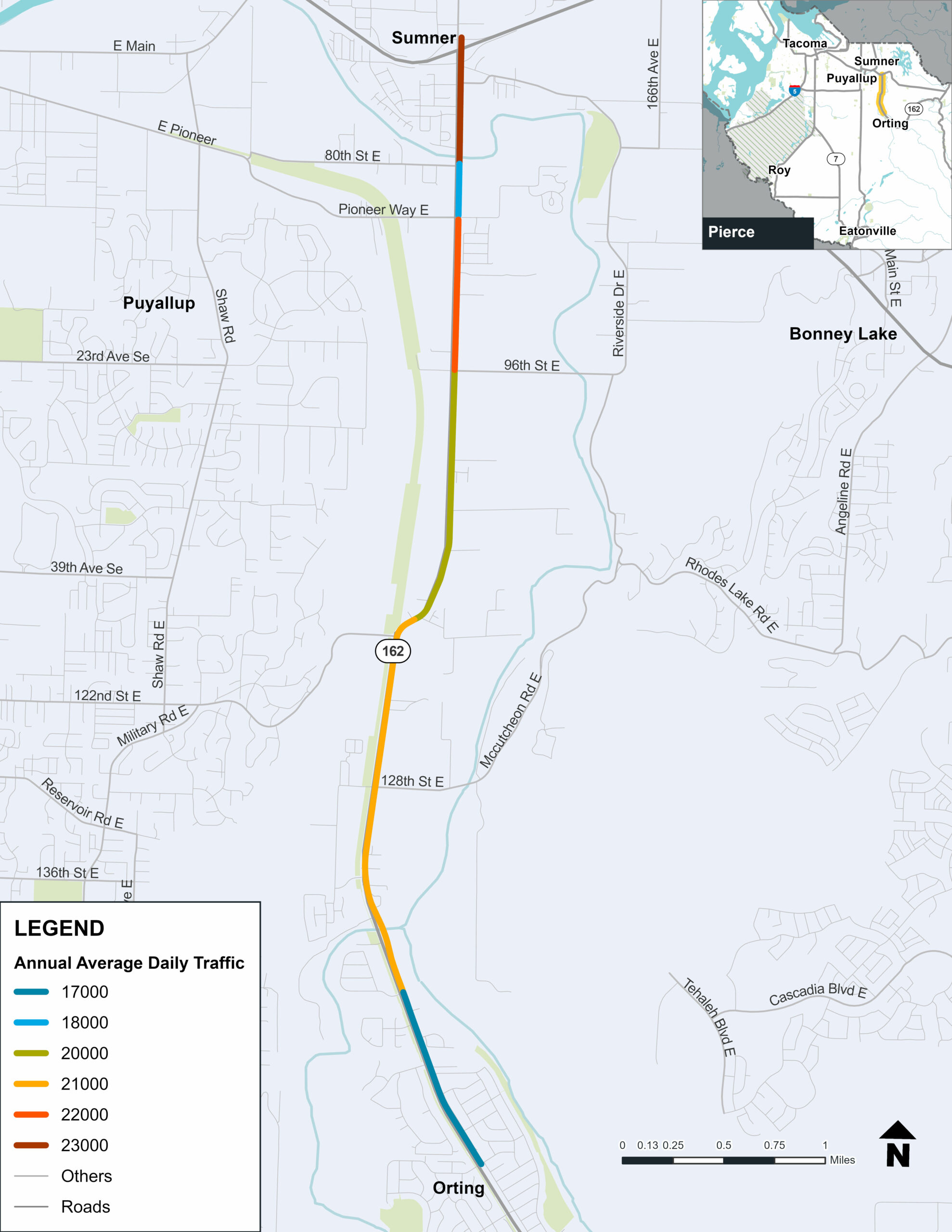 Map showing SR 162 between Orting and SR 410. The map illustrates the weekday traffic volumes, ranging between 17,000 and 23,000 vehicles. 