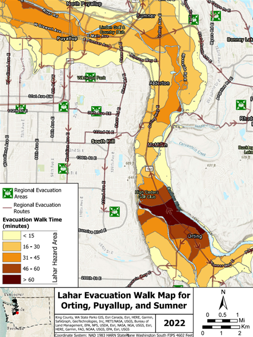 Map showing Lahar walking evacuation routes for the cities of Orting, Puyallup and Sumner