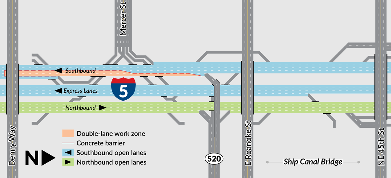 A diagram showing two inside lanes of southbound I-5 closed between SR 520 and Denny Way.