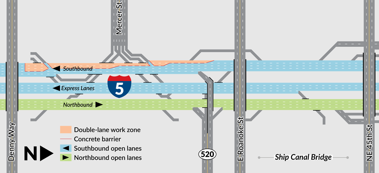 A diagram showing two outside lanes of southbound I-5 closed between SR 520 and Denny Way.