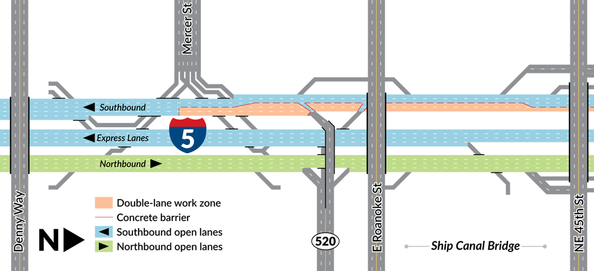 A diagram showing two inside lanes of southbound I-5 closed between NE 50th St. and Mercer Street.