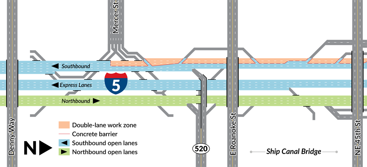 A diagram showing two outside lanes of southbound I-5 closed between NE 50th St. and Mercer Street.