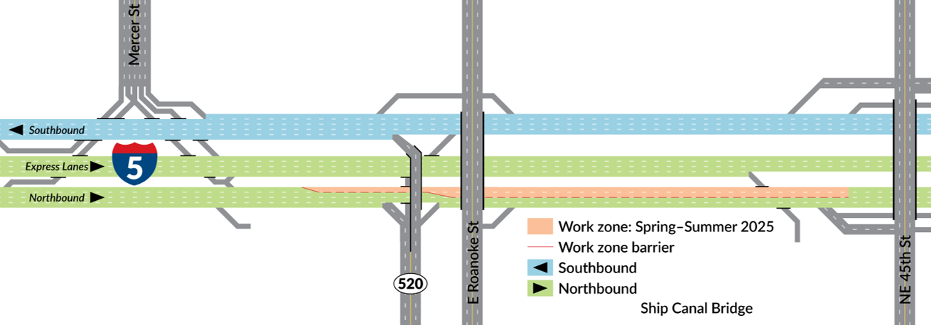 A diagram showing two inner lanes of northbound I-5 closed over the Ship Canal Bridge.