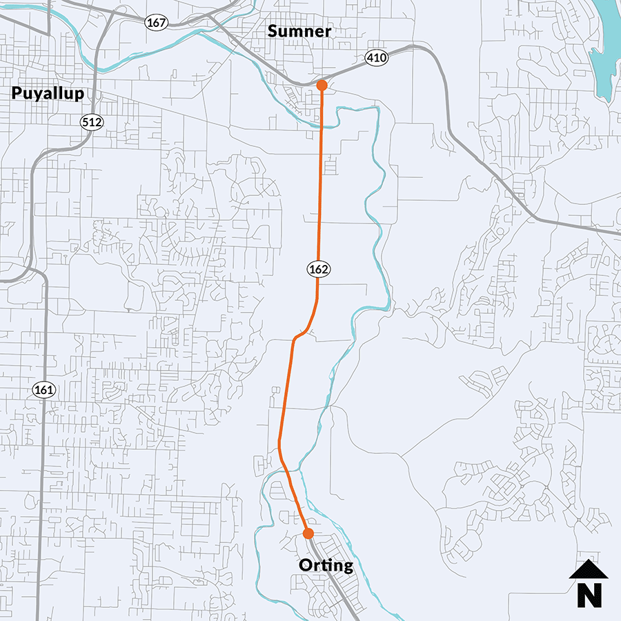 Mapa del área de estudio de la SR 162 desde la SR 410 en Sumner hasta Williams Boulevard en Orting.