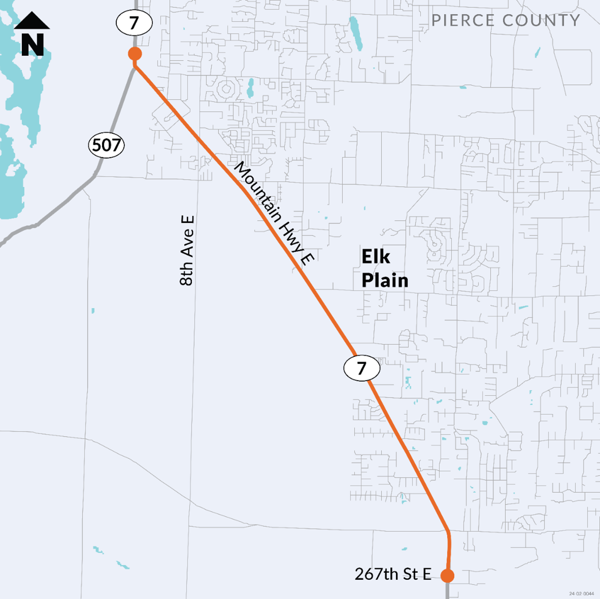 Labeled map of the SR 7 pre-design project. The pre-design project area begins at the intersection of SR 507 and SR 7, and extends south along SR 7 to 267th Street.