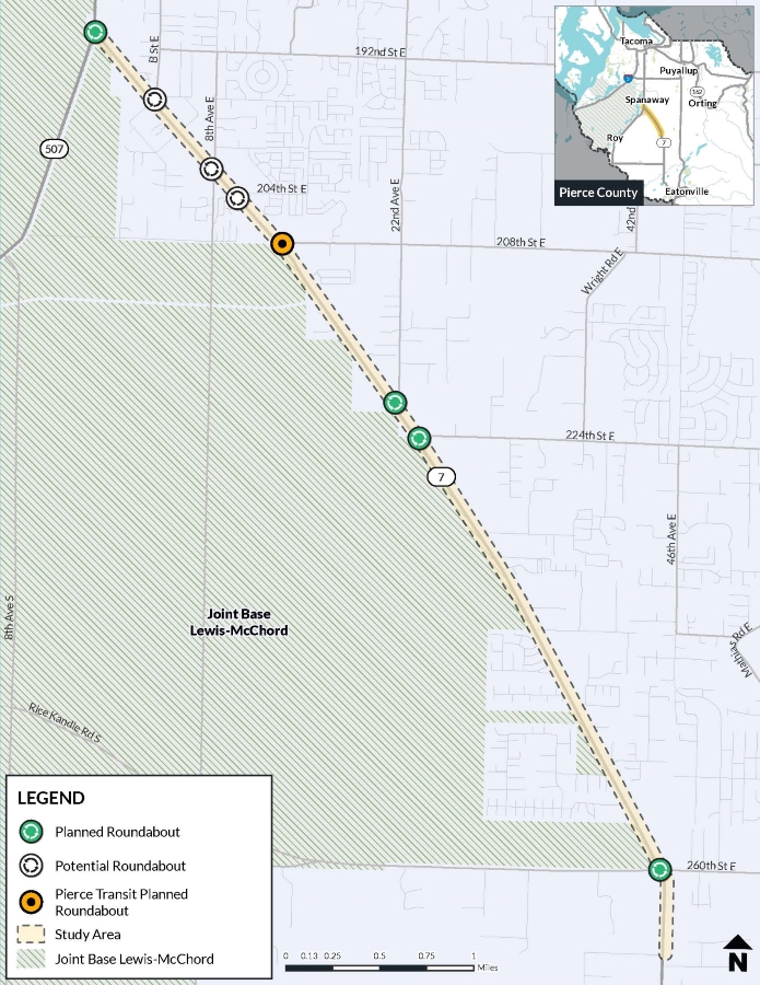 A map displaying planned and potential roundabout locations along SR 7.