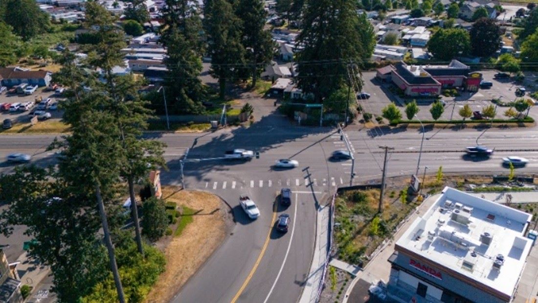 Aerial image of a busy four-way intersection on SR 7. 