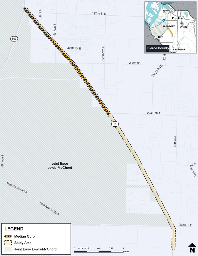 A map displaying the area where targeted median curbs may be considered along SR 7.