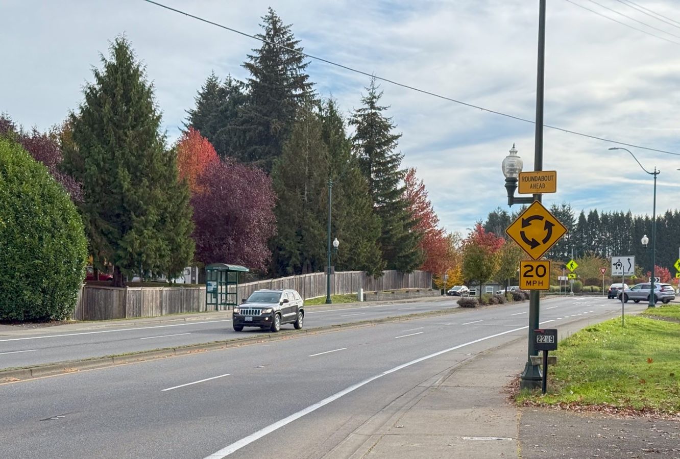 A picture of a median curb and roundabout ahead sign.