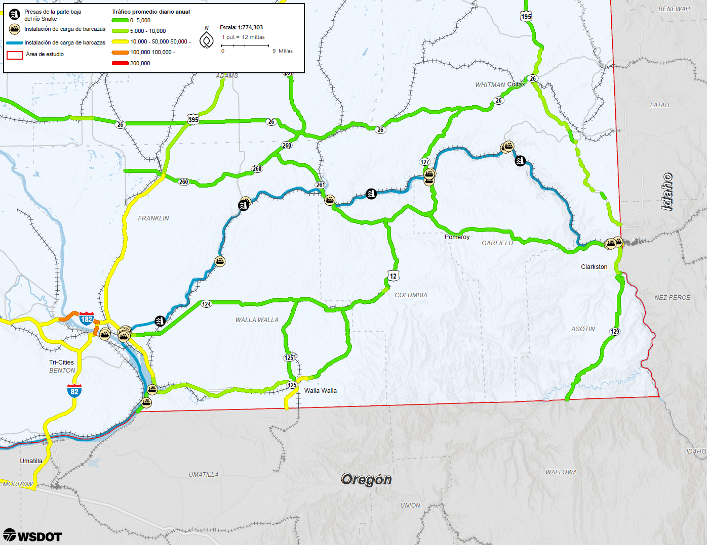 Mapa que muestra los volúmenes de tráfico diarios anuales de las autopistas de la zona de estudio