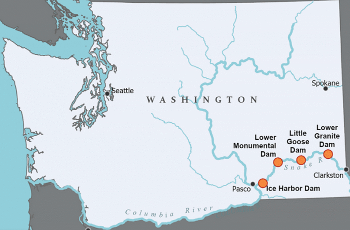 Map of Washington with dots indicating the location of the four dams along the Lower Snake River