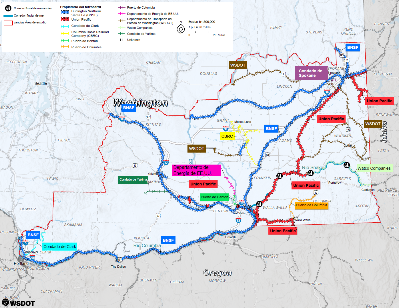 Mapa de los propietarios de vías férreas en la zona de estudio