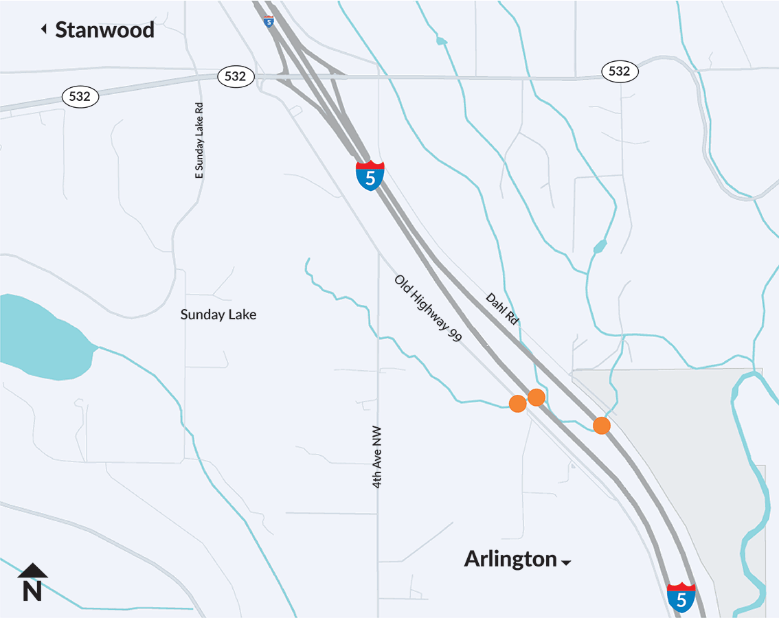 Map showing where fish barriers will be removed at two locations along I-5 between Arlington and Sunday Lake