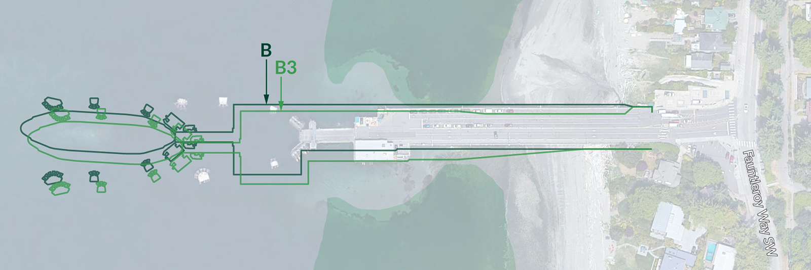 Diagram showing dock footprint based on the B Alternatives, with space to hold 124-155 vehicles on the dock and an opportunity to restore eelgrass. 