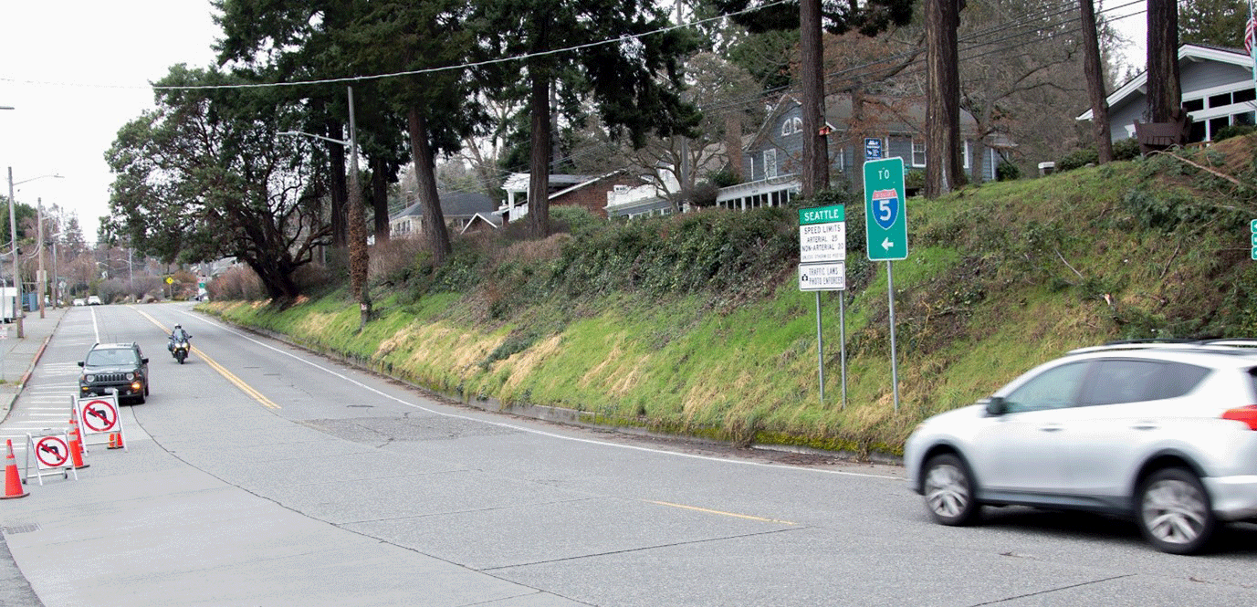 Photo of road signs on Fauntleroy Way SW indicating that the Fauntleroy ferry terminal is closed during construction