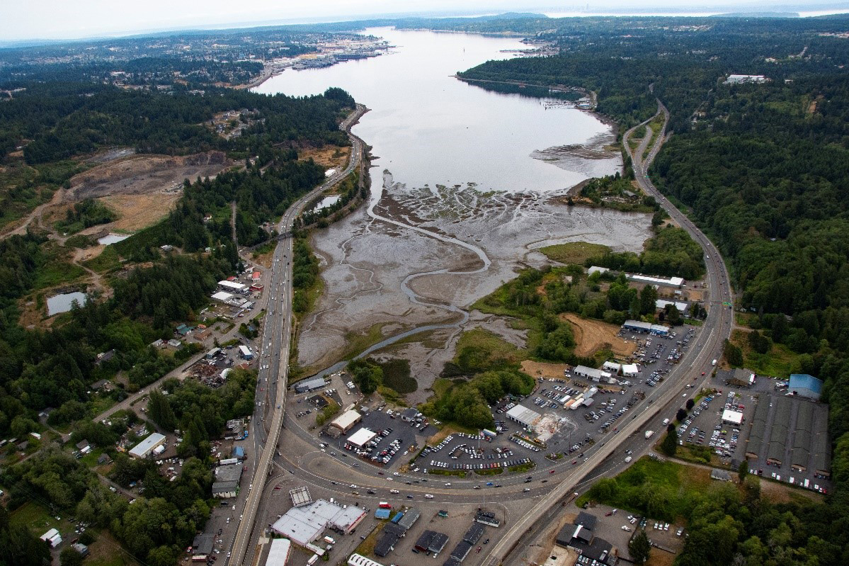 Photo of aerial view of the Gorst commercial area and Sinclair Inlet