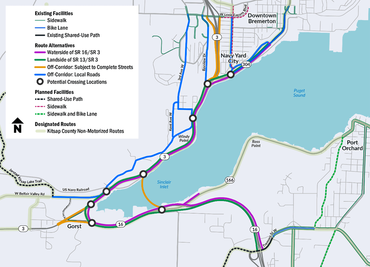 Map showing existing facilities, route alternatives and planned facilities near SR 3 Gorst