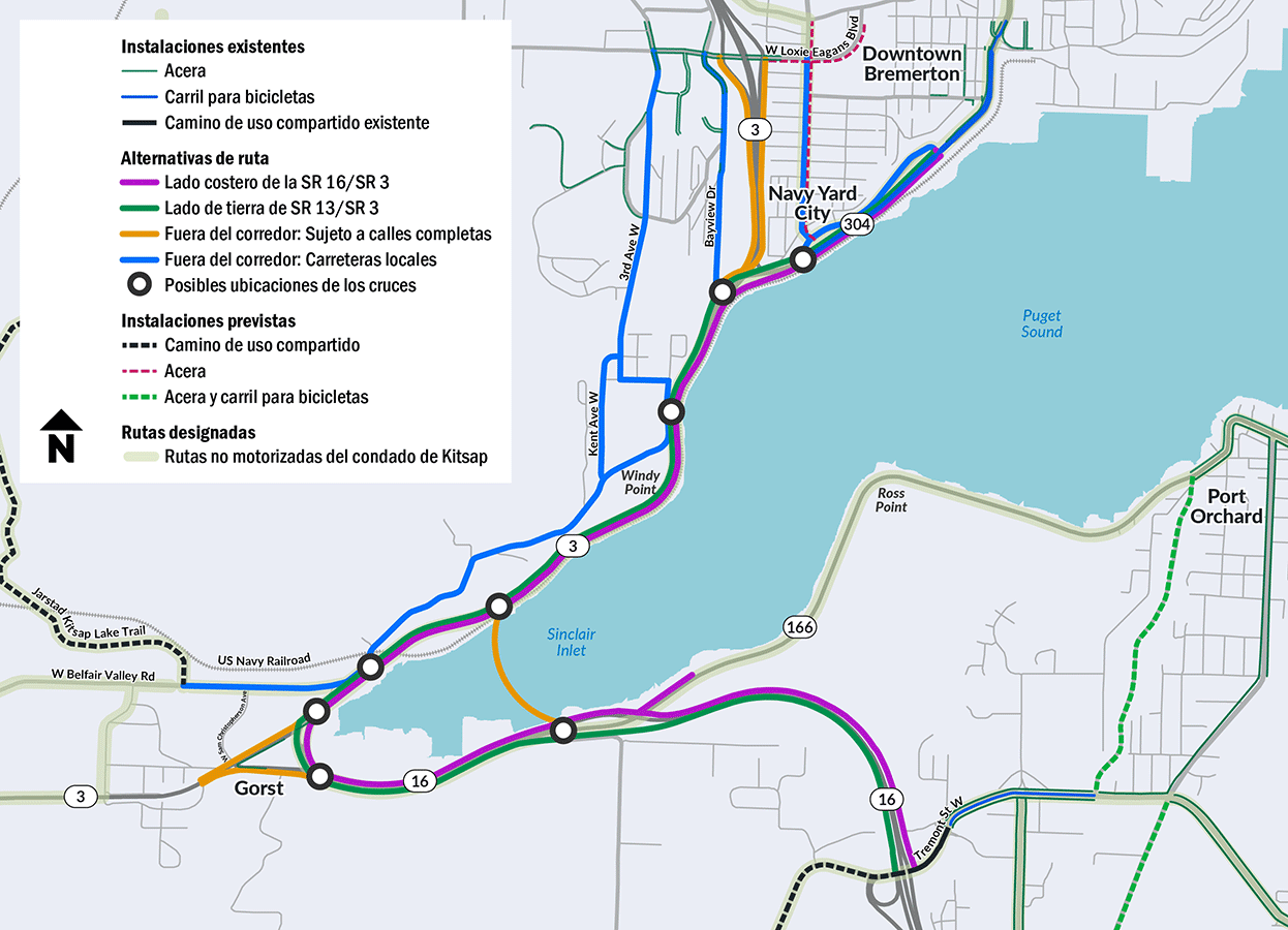 Mapa que muestra las instalaciones existentes, alternativas de ruta e instalaciones planificadas cerca de SR 3 Gorst