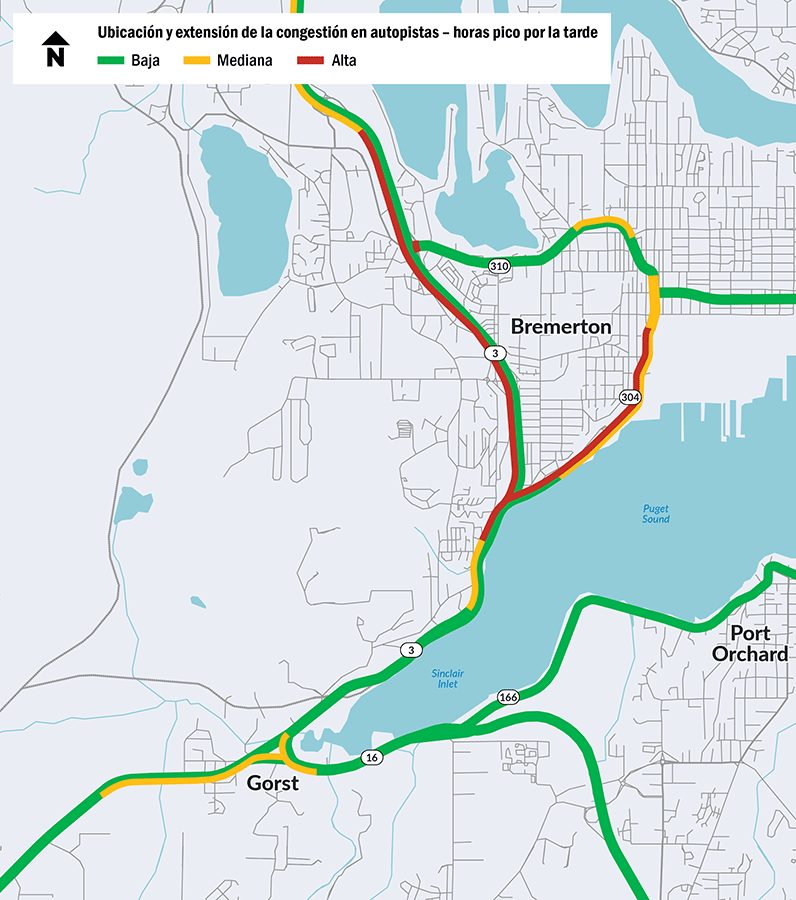 Mapa que muestra la congestión máxima de la tarde