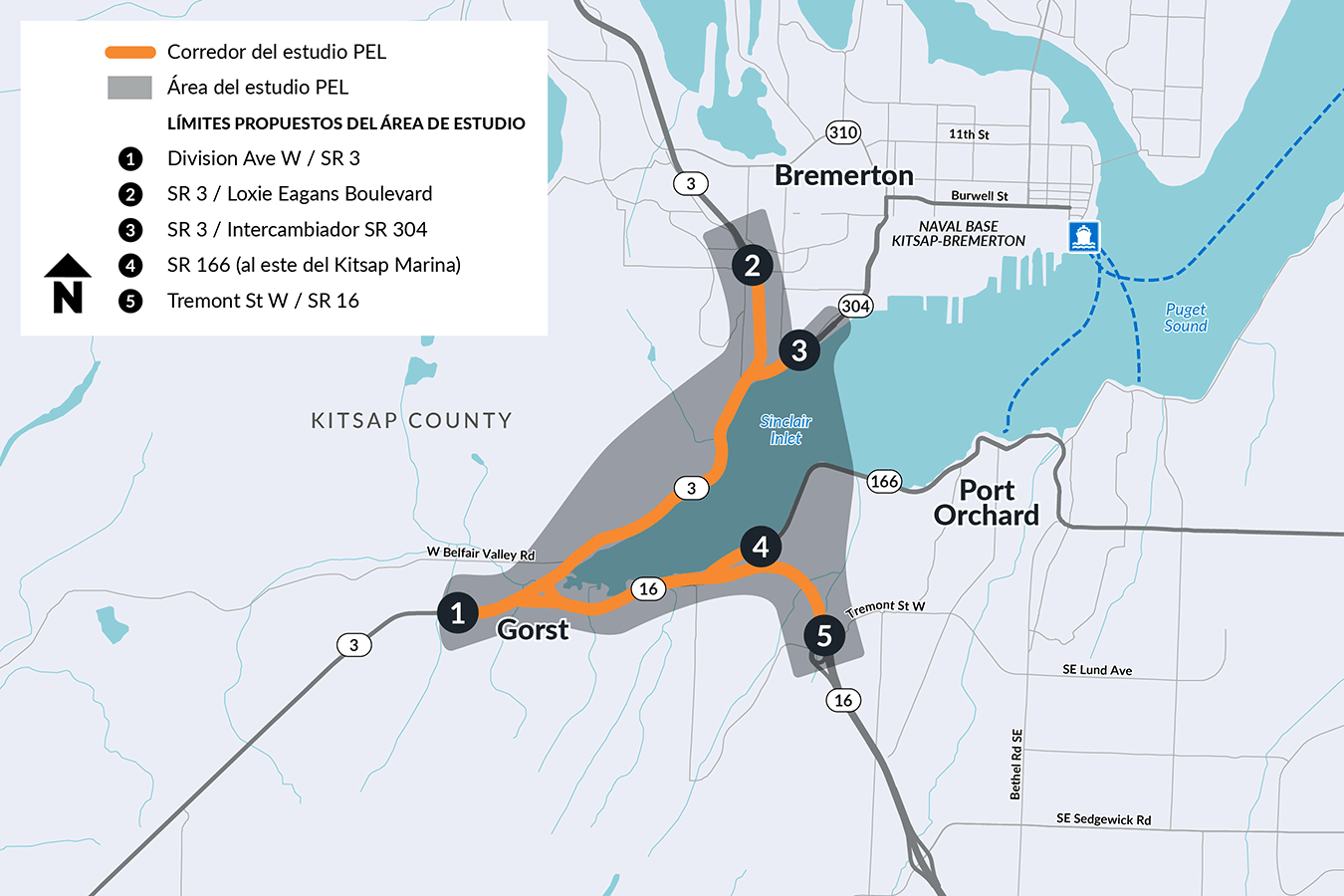 Los límites del proyecto propuestos para el estudio PEL van desde la intersección de la SR 3 y Division Avenue West, justo al norte del intercambiador SR 3 / West Loxie Eagans Boulevard, justo al este del intercambiador SR 3 / SR 304, SR 166 justo al este del Kitsap Marina, y el Intercambiador SR 16 / Tremont Street West