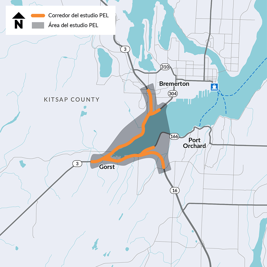 El área del estudio PEL en la zona Gorst de la SR 3 en el condado de Kitsap