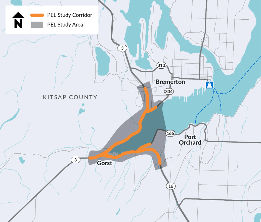 Map showing the SR 3 Gorst Area PEL Study area in Kitsap County