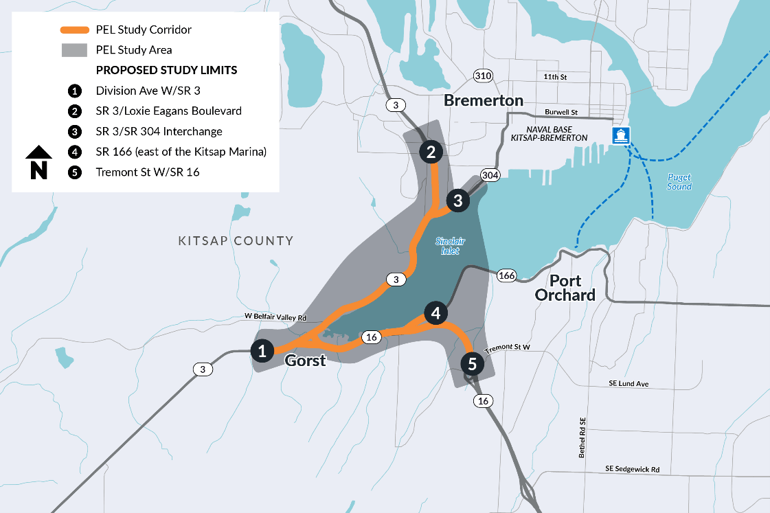 Map showing that the proposed project limits for the PEL study are from the intersection of SR 3 and Division Avenue West, just north of the SR 3/West Loxie Eagans Boulevard interchange, just east of the SR 3/SR 304 interchange, SR 166 just east of the Kitsap Marina, and the SR 16/Tremont Street West Interchange.