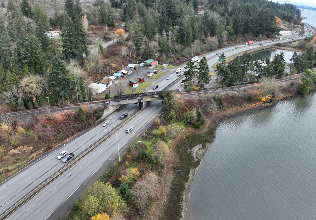 Aerial photo of the Naval Railroad Bridge crosses SR 3. The bridge is aging and will be assessed as part of the study.